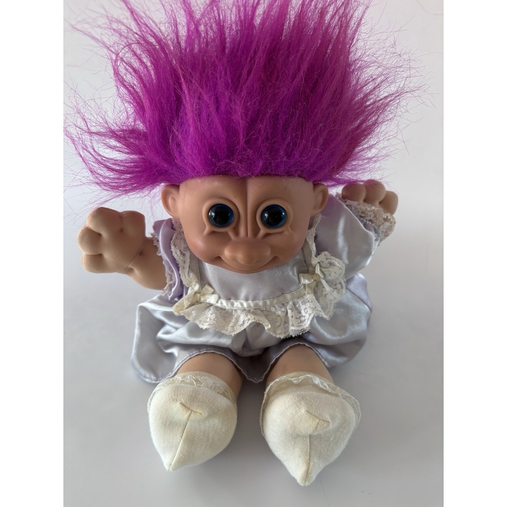 Russ Berrie Vintage Troll Doll Purple Satin Dress Purse Soft Body Blue Eyes 3330